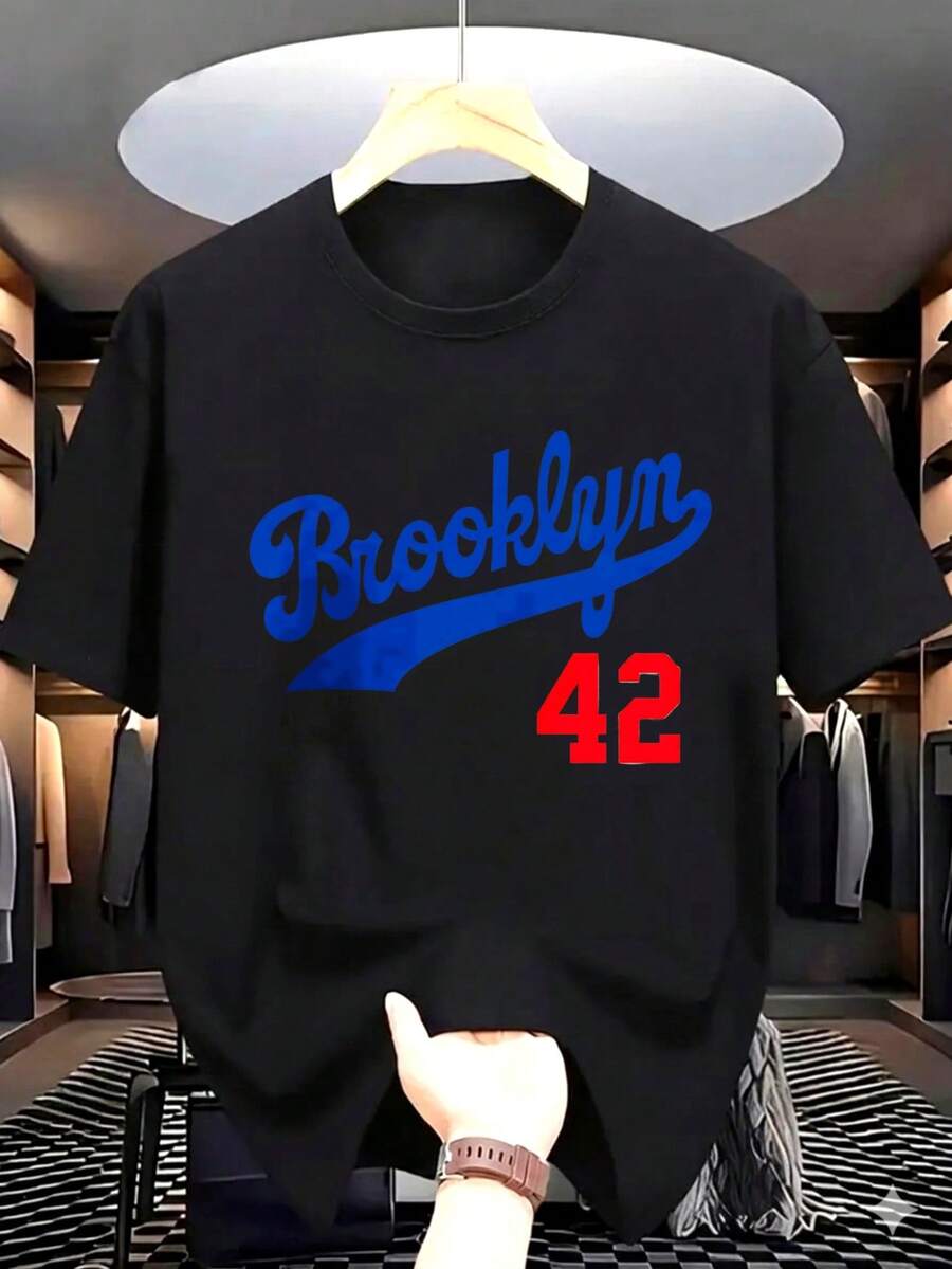 Vintage Brooklyn Blue Font,Below Is The Red Number Forty-Two,Easter Gift,Short-Sleeved Men's Party Attire,Suitable For Outdoor Activities. - Black - View 1