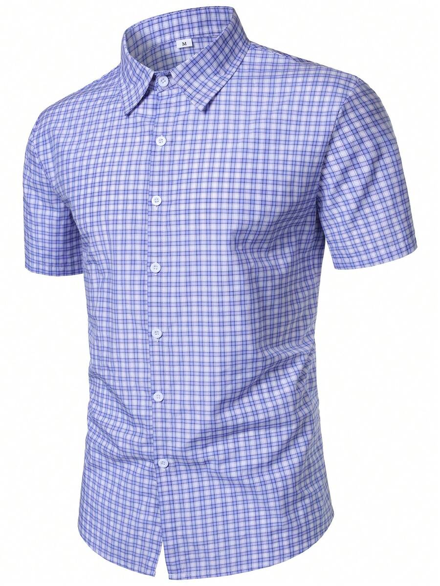 Men's Top Men's Shirt Men's Classic Plaid Casual Short Sleeve Button-Down Shirt Commute Business Vacation - Medium Wash - View 1