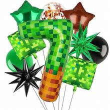 Pixel Miner Number Mylar Balloon, Green, 40 Inch Large, with Brown Pixel Cube Boxes, Video Game Theme Birthday Party Decorations - Globos-10 unidades-5 - Ver 2