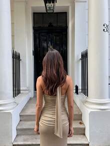Glazenia Khaki Summer New Elegant Halter Neck Ruffle Backless Fitted Maxi Dress, Sexy Party Evening Date Casual Beach Vacation - Khaki - View 5