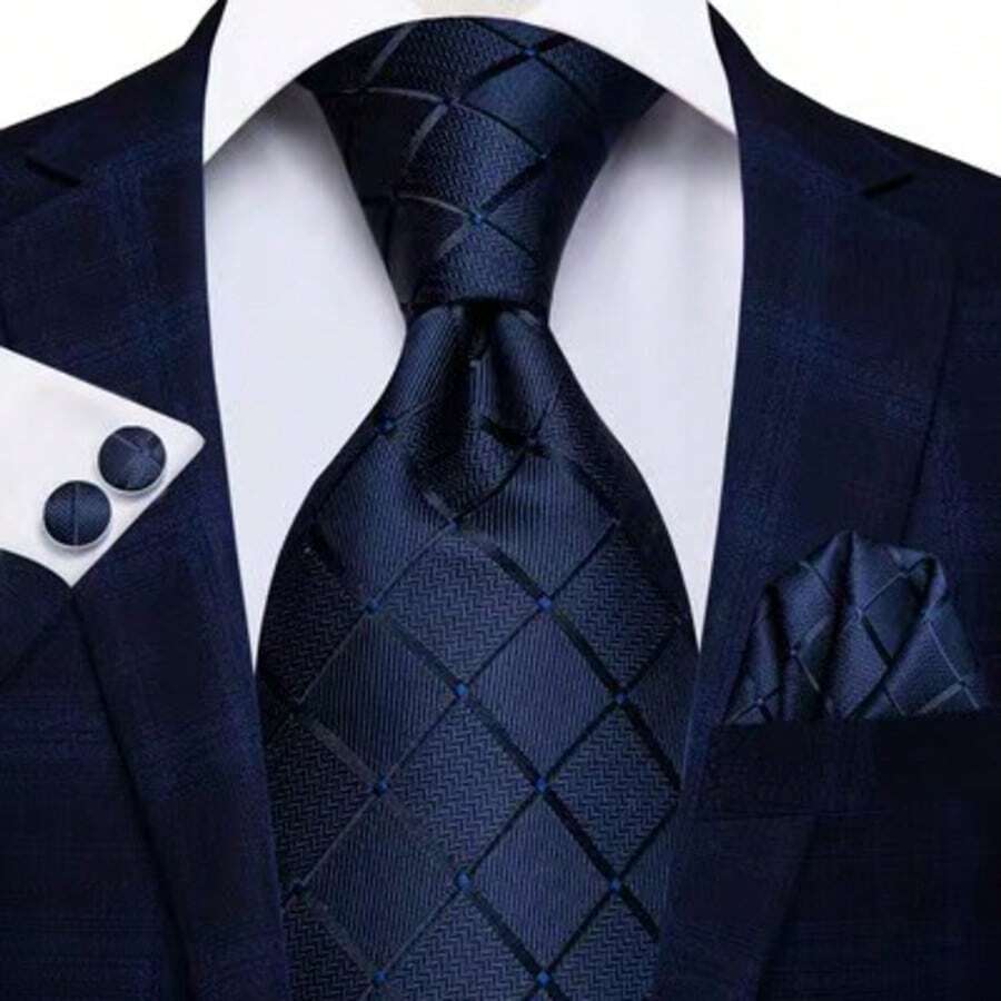 Men Tie Sets Classic Fashion Necktie Set With Cufflink For Business Party - Navy Blue - View 1
