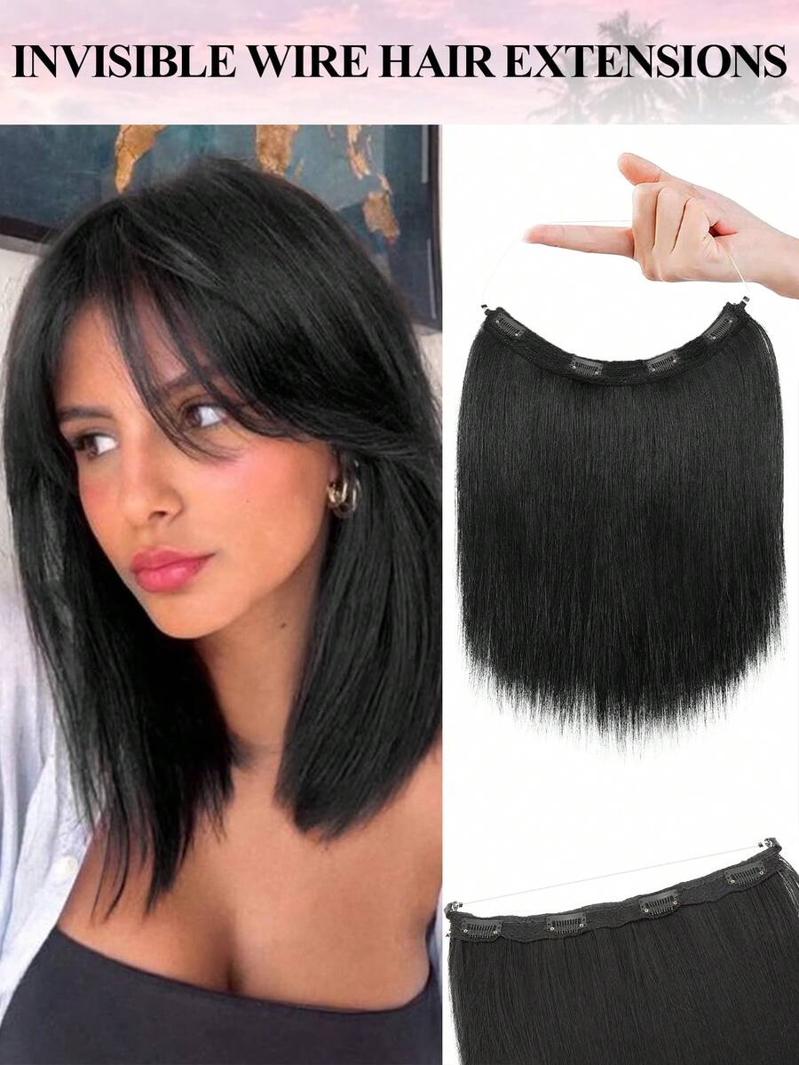 12 Inch Short Straight Hair Invisible Mesh Hair Extensions For Women, Synthetic Hair Pieces With Thin Soft Lace Mesh And Invisible Hair Clips - Multicolor - View 1