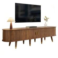 175cm TV Unit With Rattan Sliding Door, Walnut Finish And Ample Storage – Country-Style MDF TV Stand With Open Compartments, Drawers And Cupboard – Natural Design - Natural Color - View 1