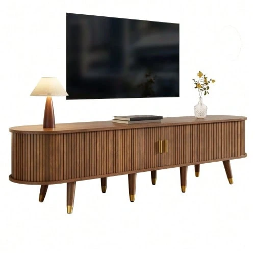 175cm TV Unit With Rattan Sliding Door, Walnut Finish And Ample Storage – Country-Style MDF TV Stand With Open Compartments, Drawers And Cupboard – Natural Design - Natural Color - View 1