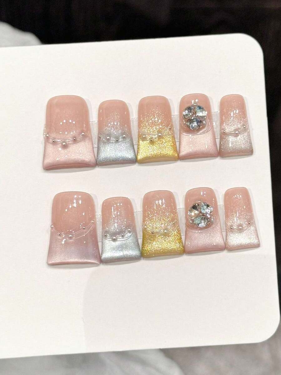 Handmade Duck/Flare Shaped Press-On Nails With Y2K Baddie Style,Pink Nails,Sweet & Cute Nails,Shining Bright,Summer Nails,Designed For Women And Girls, , Suitable For Parties, Ceremonies, And Daily Wear. Ideal Gift For Ladies And Girls. Summer Nails