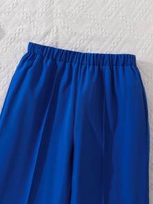 Left Mama Set de 2 piezas de top de manga corta con cuello cuadrado impreso y pantalones de pierna ancha casual para niñas, verano - Azul - Ver 6