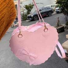 Bolsos de mano de PU con forma de corazón para niñas, decoración con lazos, bolsos de hombro japoneses, monederos de concha Kawaii de dos tamaños, bonitos bolsos de mensajero rosas, regalos - Rosa pequeño - Ver 5