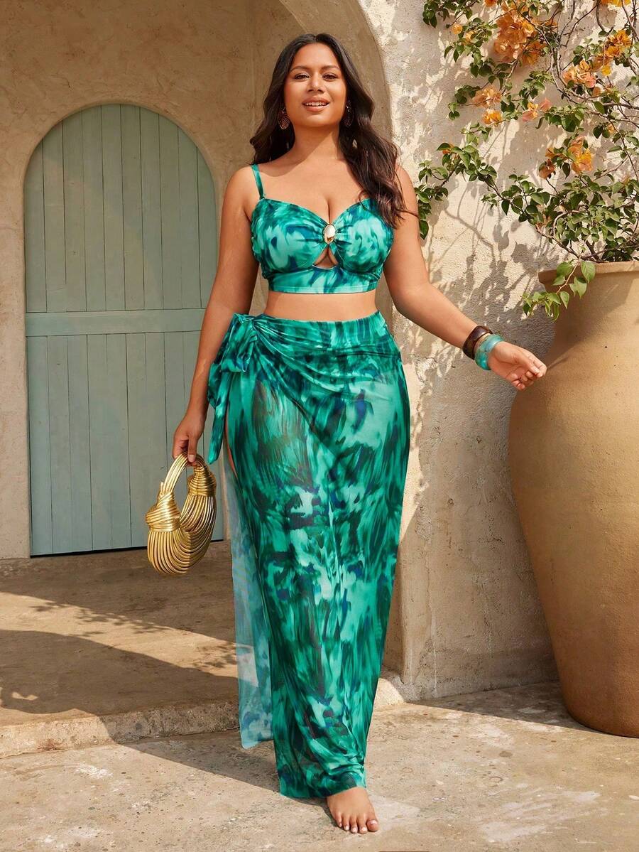 Swim High-End Beach Vacation! 3-Piece Bikini With Skirt In A Flattering, Whitening Green Tie-Dye - 綠色的 - 查看 1
