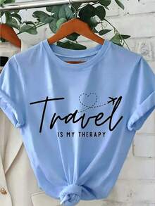 Women's Cotton T-Shirt, "Travel Is My Relax" Letter,Airplane & Heart Print,Sky Blue Loose Round Neck Short Sleeve Tee,Breathable For Summer Daily Wear - 天藍色 - 查看 9