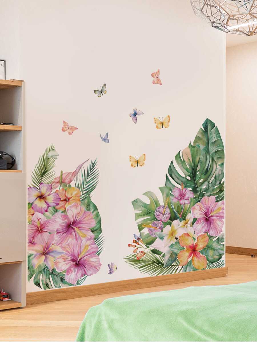 1pc Floral Tropical Monstera Leaves & Butterfly Wall Decor Sticker, Removable Room Decoration Wall Decal For Bedroom, Living Room, Entryway - 1PC - View 1