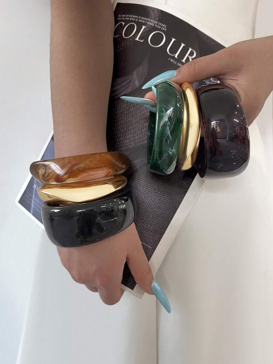 3件組獨特開口式手鐲套組,金色樹脂寬版粗手環,奢華優雅風格女款 - 彩色 - 查看 1
