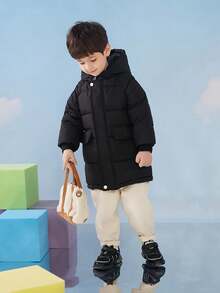 1pc Winter Coat For Little Boys, Mid-Length Hooded Cold-Proof Jacket, Suitable For Children And Girls - Black - View 6