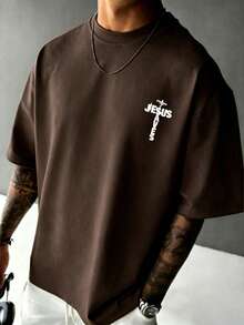Men's Simple Round Neck Sports Casual Jesus Letter Print Pattern Short Sleeve Summer Coffee Color T-Shirt - Coffee Brown - View 2