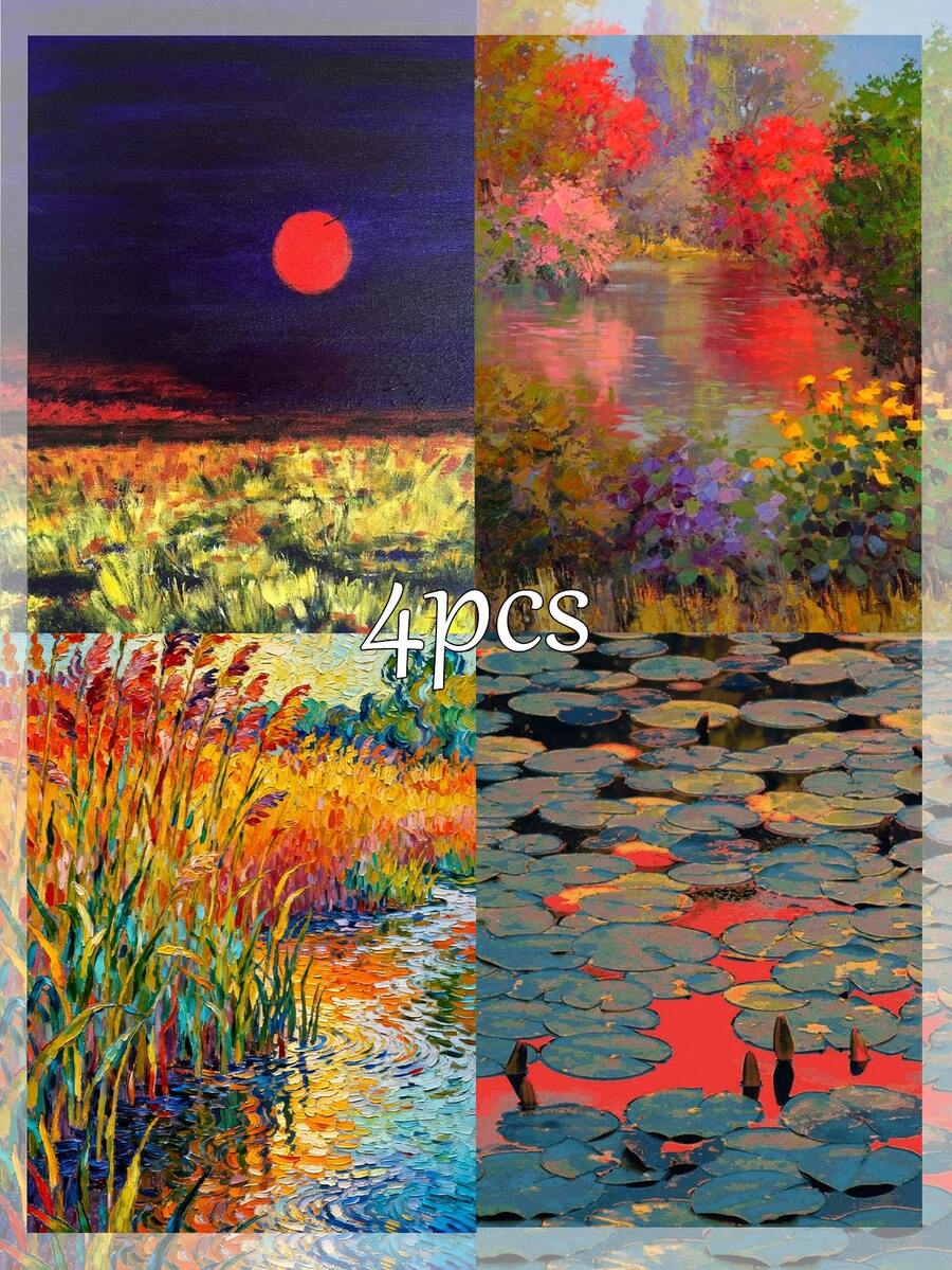 1/4件組成人初學者DIY手工數字油畫套裝，彩色風景畫布，油畫與壓克力數字填色，無框 (40*50cm/16*20in)