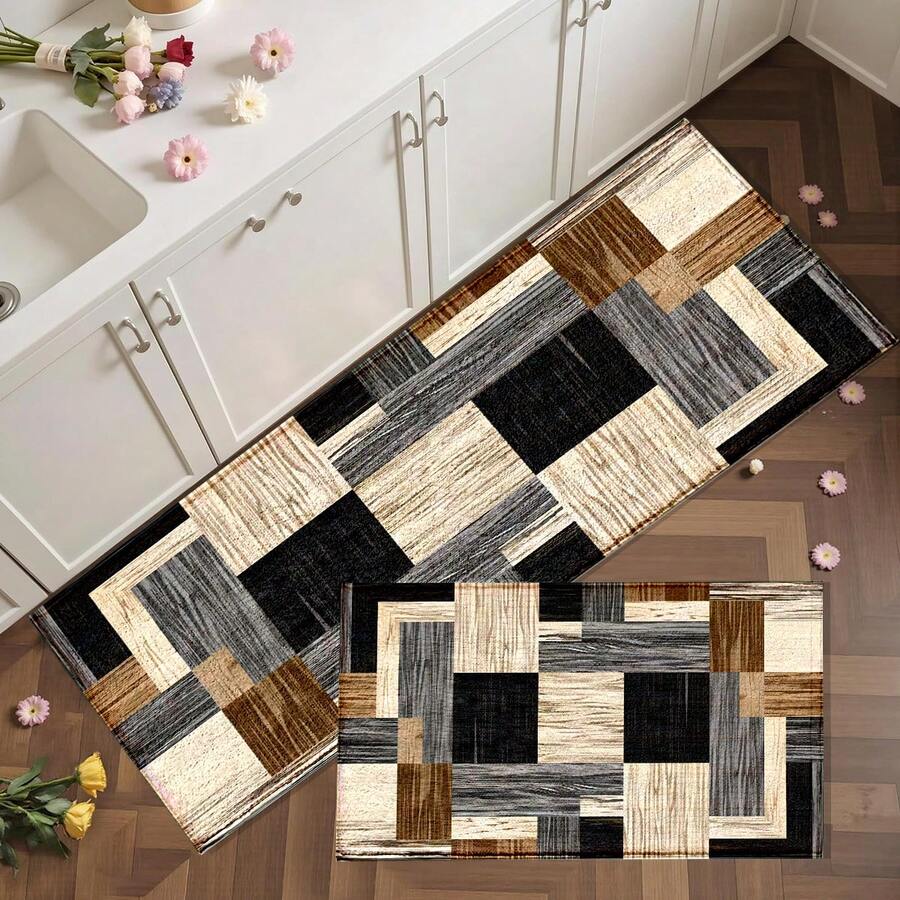 1 pieza Felpudo con estampado de patrón de patchwork geométrico, superficie de cachemira sintética, base de TPR, alfombra de baño, alfombra de cocina, alfombra de lavandería, decoración de ambiente festivo, decoración del hogar, decoración de fiesta, decoración de boda, decoración de comedor y cocina - Multicolor - Ver 1