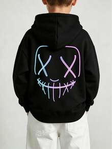 Neon Smiling Face Back Print Sweatshirt, Boys Fleece Pullover - Black - View 10