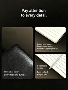 1Pc PU Leather Sponge-Padded Notebook - A5 Business Journal, 100 Sheets, Black Professional Notepad For Meeting Notes & Office Work - Black - View 8