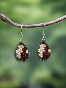 1 Pair Dark Vintage Rose Pattern With 316 Stainless Steel Water Drop Ear Hooks, Suitable For Women's Daily Wear - Color - View 3