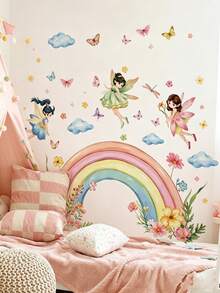Rainbow Fairy Deer Wall Decal, Butterfly Cloud Floral Sticker, Home Wall Art Decor, Nursery Girls Room, Removable Self-Adhesive Room Art - Multicolor - View 2