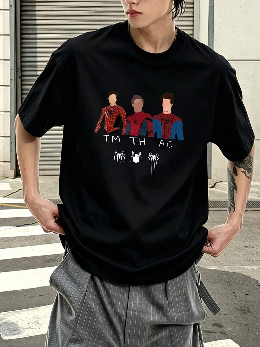 Marvel Spider-Man Trio Design TM TH AG Graphic T-Shirt 100% Cotton Men's Clothing Loose T-Shirt Summer Holiday Outfits Marvel Series Men's Gifts Streetwear - 黑色 - 查看 1