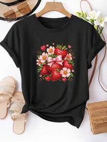 Camiseta de Mujer con Estampado de Fresas y Flores - Blusa de Manga Corta y Cuello Redondo Ideal para Primavera y Verano, Ropa Casual Lavable a Máquina, Top de Frutas y Verduras con Diseño. - Negro - Ver 1