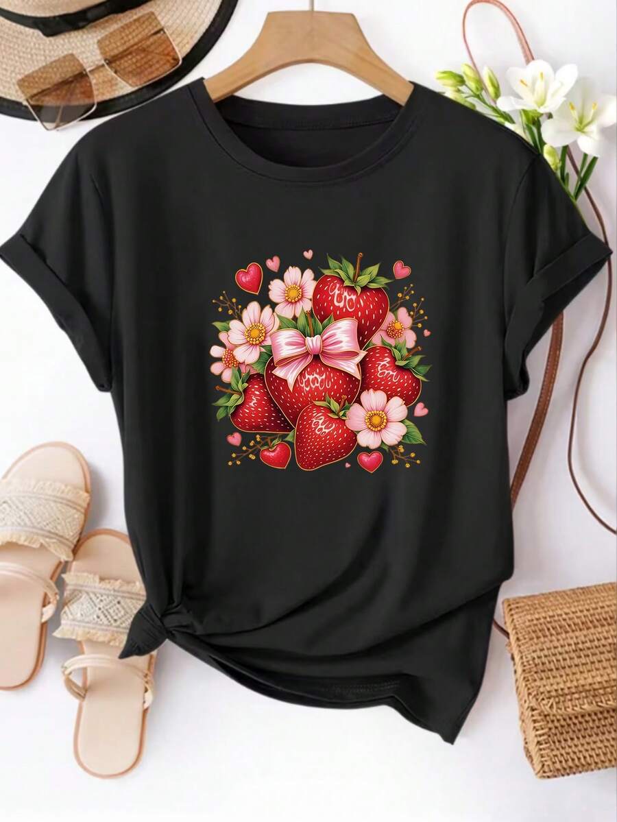 Camiseta de Mujer con Estampado de Fresas y Flores - Blusa de Manga Corta y Cuello Redondo Ideal para Primavera y Verano, Ropa Casual Lavable a Máquina, Top de Frutas y Verduras con Diseño. - Negro - Ver 1