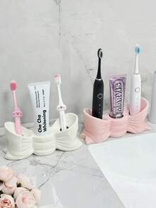 2pcs Cute Pink Ceramic Bow Bathroom Accessory Set, Toothbrush Holder And Soap Dish, Creative Bow Design Countertop Storage Box, Girls Bathroom Decor Home Essentials - A - View 4