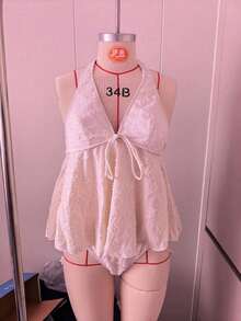 Women's Textured Halter Tankini Set, Two-Piece Swimsuit With Tie-Front Top & High Cut Bottoms - 米白色 - 查看 1