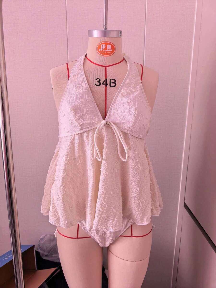 Women's Textured Halter Tankini Set, Two-Piece Swimsuit With Tie-Front Top & High Cut Bottoms - 米白色 - 查看 1