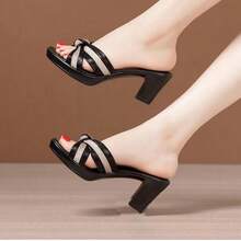 Women's New Summer High Heel Slide Sandals, Fashionable Versatile Mid-Heel Sandals - Black - View 2