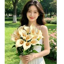 3pcs Champagne Calla Lily Artificial Flowers With Leaves, Suitable For Wedding, Vase And Floor Decoration - Champagne - View 3