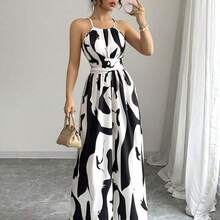 Vestido elegante de mujer con cuello halter, corte en la cintura, twist y bloque de color asimétrico, para primavera/verano - Rosa Pálido - Ver 4