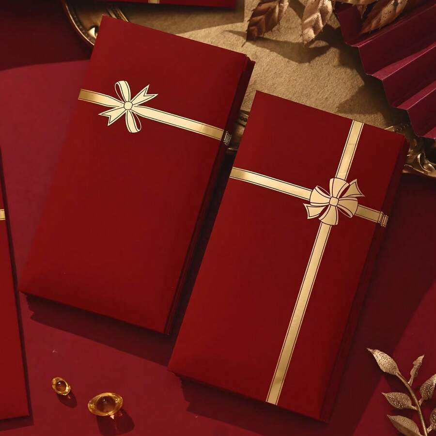 6/12pcs High-Quality Red Envelopes With Popular Gold Butterfly Ribbon Pattern, Suitable For Lunar New Year, Birthday, Wedding, Valentine's Day, Party Gift Bags, Cash Envelopes - View 1