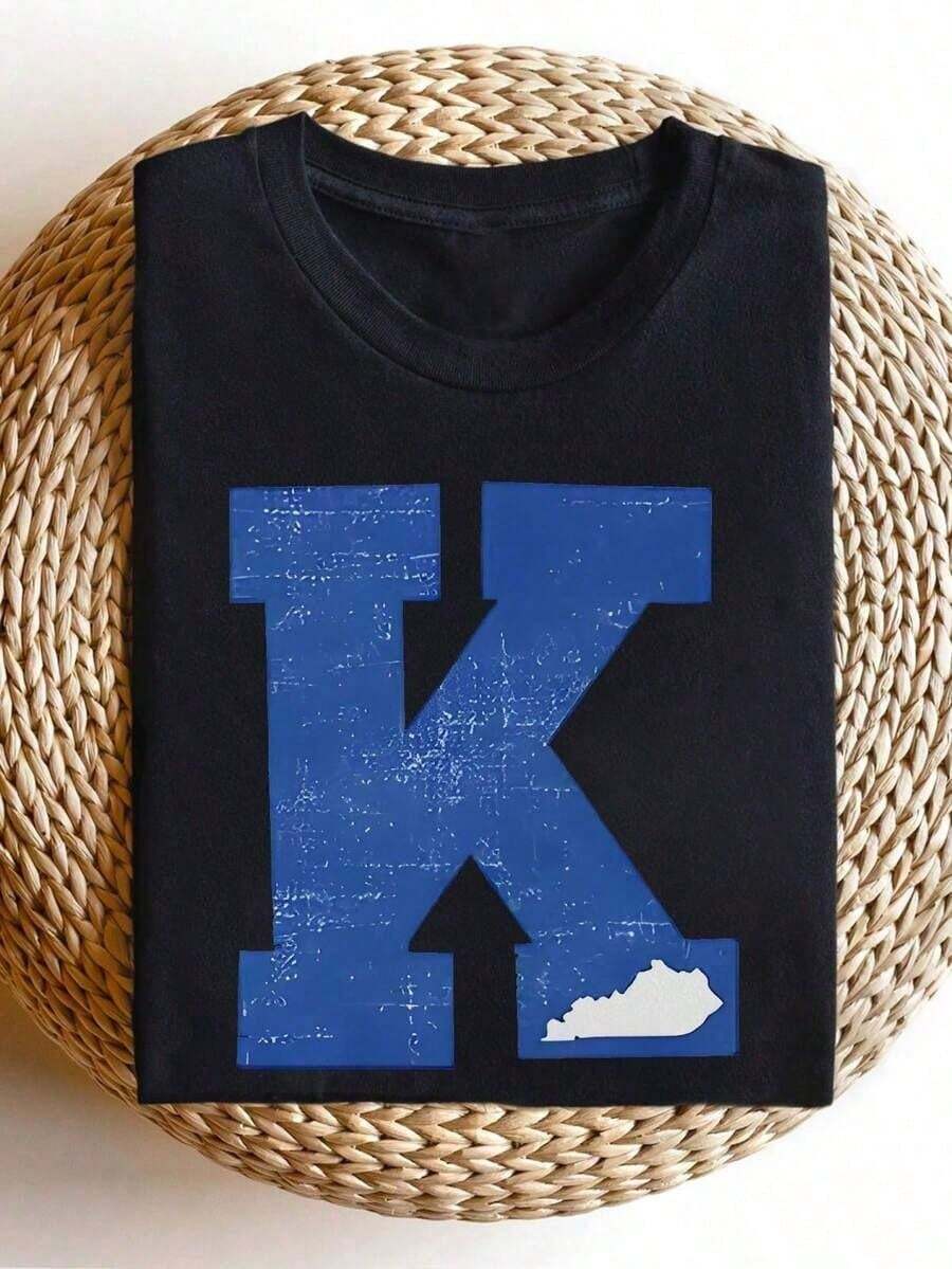 Women's Soft Summer Sets, Kentucky State Line And Letter K Print T-Shirt In Black, White, And Blue, 35% Cotton, Stretchy And Comfortable Fit, Lightweight T-Shirt - 黑色 - 查看 1