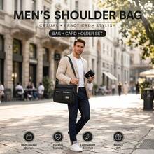 2pcs/Set Men's Shoulder Bag & Card Holder,Durable Multi-Pockets Crossbody Messenger Bag,Sling Pack For Business Casual Travel,Gift For Husband & Son - Túi đeo vai màu đen + Túi đựng thẻ màu đen - Xem 7
