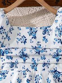 Left Mama Set de 2 piezas de top de manga corta con cuello cuadrado impreso y pantalones de pierna ancha casual para niñas, verano - Azul - Ver 4