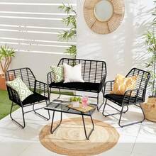 Outdoor Indoor Wicker Rattan Garden Furniture Sofa Chair Table Set With Natural Cushion For Patio Balcony - Black - View 3