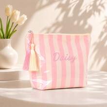 Personalized Striped Makeup Bag With Tassel, Portable Cosmetic Pouch For Travel, Makeup, Toiletries & Daily Beauty Storage, Gift For Girl - Multicolor - View 16