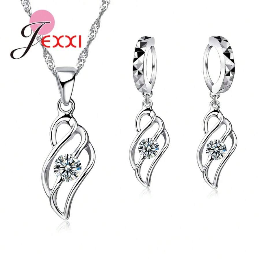 925 Sterling Silver Plating Necklace And Earring Set With Cubic Zirconia, Cross, Heart And Butterfly Design, Fashion Jewelry For Women. - 47401 - 查看 1