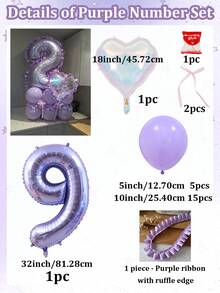 26件/組，紫色K-Pop生日主題數字氣球組，包含0-9紫色數字、馬卡龍紫色乳膠氣球、紫色荷葉邊緞面蕾絲飾帶、彩色愛心氣球，適用於K-Pop主題派對、生日、週年慶派對拱門裝飾 - 紫花邊數字 - 查看 19
