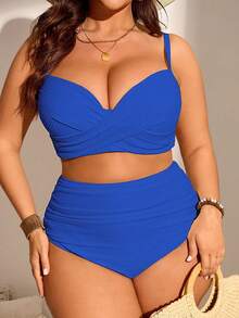 Swim Lushoire Conjunto de bikini tankini de talla de unicolor con recogido para la playa de verano - Azul - Ver 1