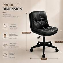 Vanity Chair With Back, PU Leather Swivel Office Desk Chair, Height Adjustable Armless Chair For Small Spaces, Bedroom, Vanity, Home Office Black - Black - View 2