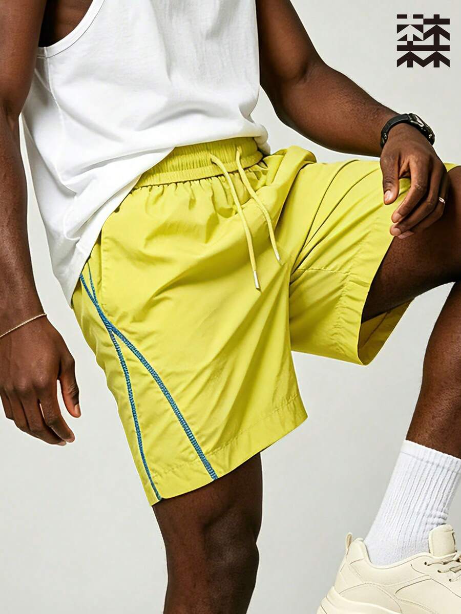 Men's Quick-Dry Sports Shorts, Contrast Stitching Breathable Drawstring Shorts, Suitable For Outdoor Hiking Running Summer - Mustard Yellow - View 1