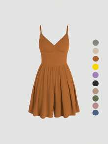 TIN corto tipo cami cruzado sin espalda para mujer, mono casual con tirantes finos ajustables y pierna ancha, atuendos de verano 2024, ropa para mujer para uso diario - Negro - Ver 10