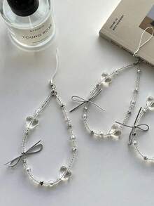 Clear Heart & Bow Beaded Phone Lanyard, Y2K Aesthetic Wrist Strap, Multi-Use Anti-Lost Phone Chain With Silver Star Beads, Transparent Beaded Charm For Phone Case, Bag, Keychain, Camera, Cute Korean Style Accessory, Versatile Hand Strap For Women Girls, Sweet Bowknot Design, Lightweight Portable, Fashion Phone Decoration, Perfect Gift For Friends - Multicolor - View 5