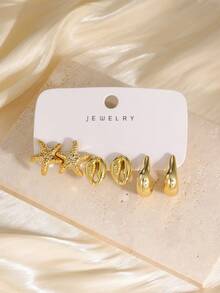 6-18PCS/Gold Rose Heart Starfish Crescent Moon C-Hook Fish Mouth Multi-Style Earring Set, Suitable For Summer Vacation Travel, Beach Outings, Daily Dates, Best Gift For Family And Friends - Gold - View 8