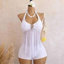 dahkjdgajy Bellisia Conjunto de bikini elegante de estilo vacacional con decoración metálica y empalme de malla, y top de tankini con tirantes finos - Blanco - Ver 1