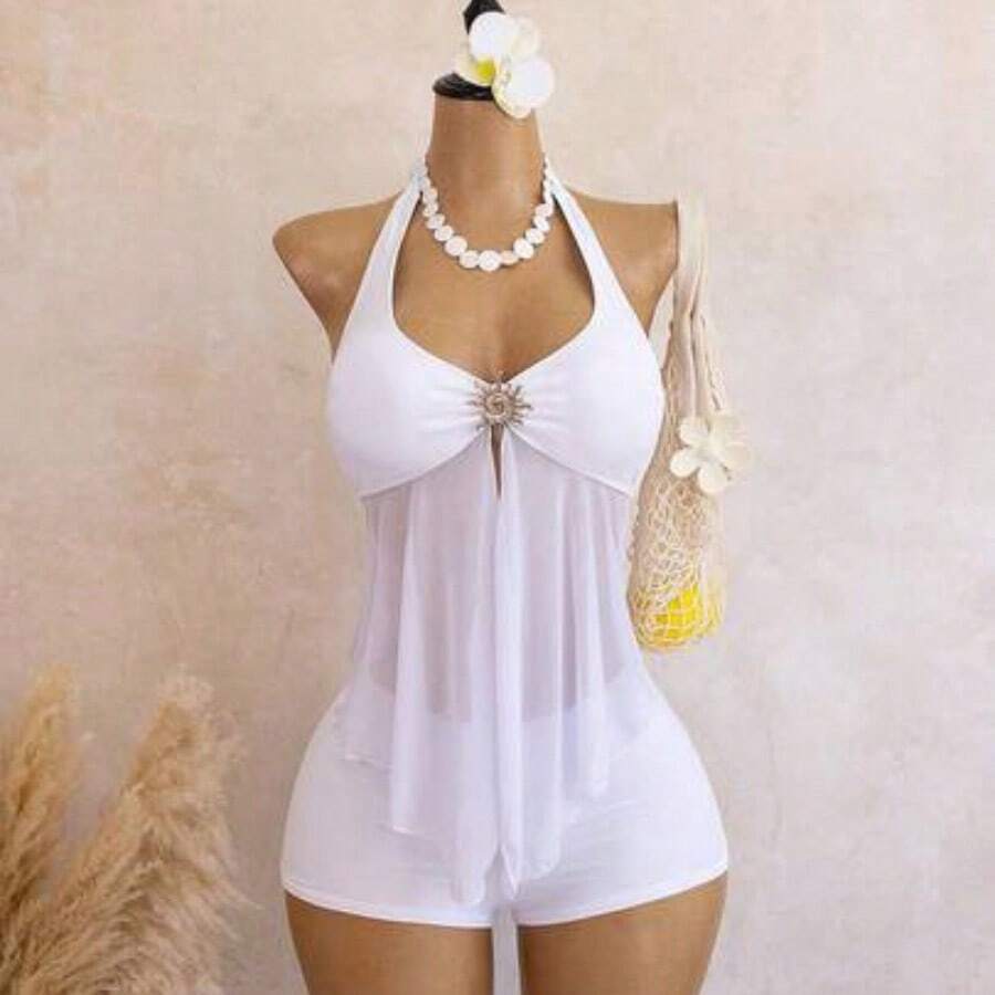 dahkjdgajy Bellisia Conjunto de bikini elegante de estilo vacacional con decoración metálica y empalme de malla, y top de tankini con tirantes finos - Blanco - Ver 1