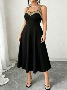 Plus Size Elegant Fitted Spaghetti Strap Dress, Gold Sequin Trim On Straps And Bust, Stretchy Fabric, Inclusive Fit, A-Line Dress Black - Black - View 2