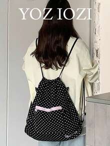 Back To School Season Niche Design Style Fashion Polka Dot Drawstring Cinch Bag Backpack Travel Women College Student Outing Large Capacity Foldable Travel Backpack - Black - View 7